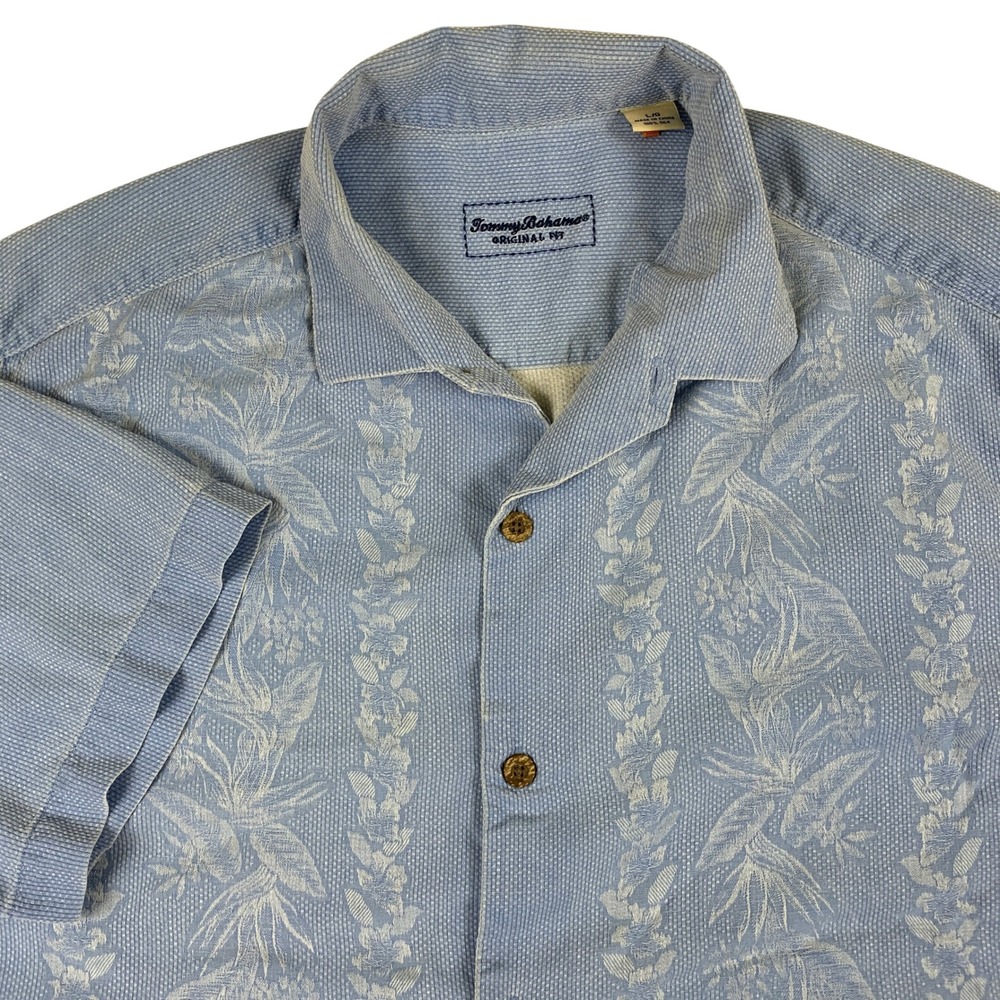 Tommy Bahama Men Large Blue 100% Silk Embroidered Floral Camp Shirt Original Fit